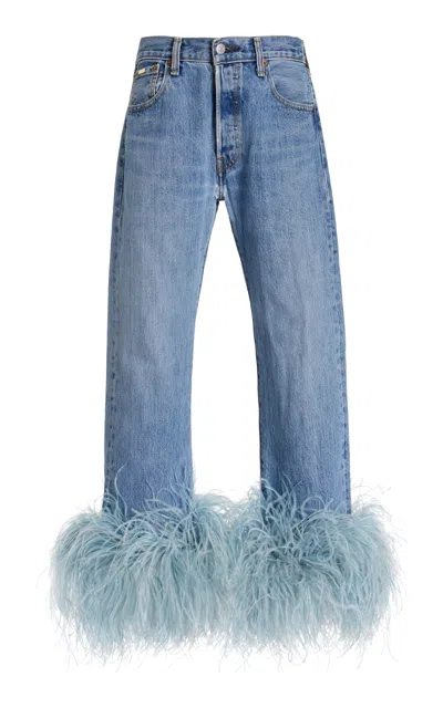 Francoise Exclusive Lou Feather-trimmed Upcycled Denim Jeans In Light Blue