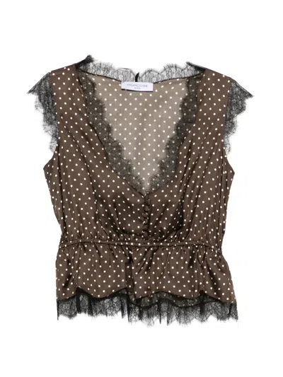 Francoise Lisete Oberteil Mit Polka Dots Und Spitzenbesatz In Brown