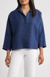 Frank & Eileen Gabi Crop Linen Popover Shirt In Blue