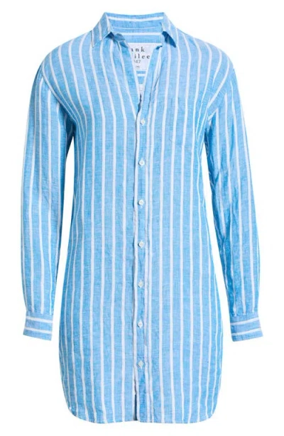 Frank & Eileen Mary Stripe Classic Long Sleeve Linen Shirtdress In Blue