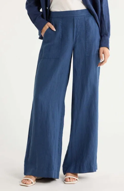 Frank & Eileen Patch Pocket Pull-on Wide Leg Linen Pants In Blue