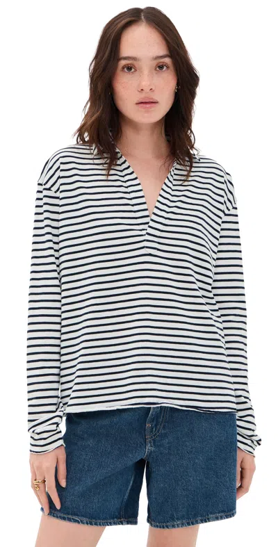 Frank & Eileen Patrick Popover Henley White Navy Stripe In Black