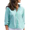 Frank & Eileen Silvio Cropped Button Up In Green With Red And Navy Stripe In Blue
