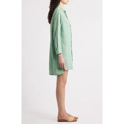 Frank & Eileen Hunter Stripe Step Hem Linen & Cotton Shirtdress In Green W Yellow Blue Stripes