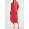 Frank & Eileen Long Sleeve Linen Midi Shirtdress In Red
