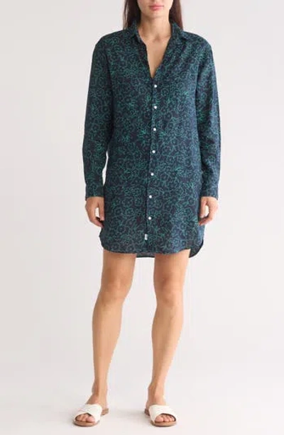 Frank & Eileen Mary Classic Long Sleeve Shirtdress In Navy With Green Floral