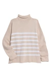 Frank & Eileen Monterey Stripe Cotton Funnel Neck Sweater In Vintage Rose W/white Stripe