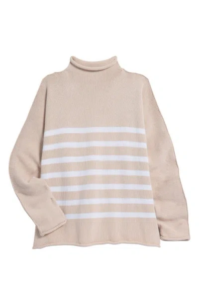 Frank & Eileen Monterey Stripe Cotton Funnel Neck Sweater In Vintage Rose W/white Stripe