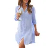 Frank & Eileen Mackenzie Stripe Oversize Linen Button-up Shirt In Blue