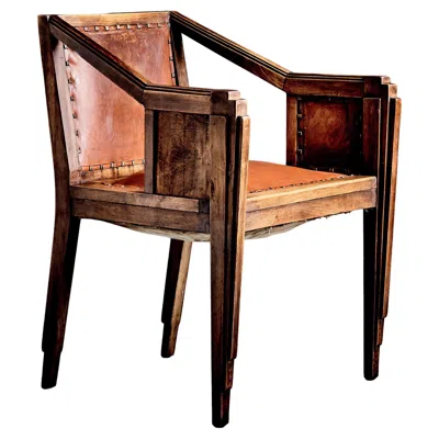 Pre-owned Frank Lloyd Wright Art Deco Armchair In Oak With Patinated Leather, France, 1920s Design In Brown