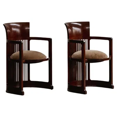 Pre-owned Frank Lloyd Wright "barrel" Chairs For Cassina, Beige Velvet, 1937, Set Of 2 In Brown