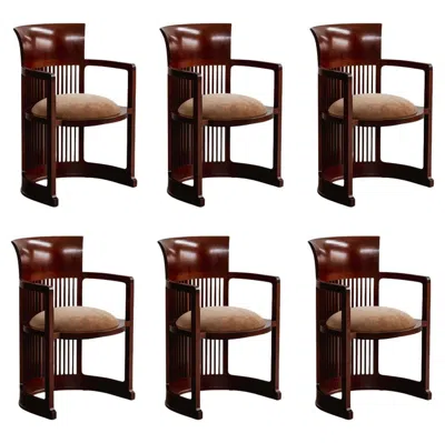 Pre-owned Frank Lloyd Wright "barrel" Chairs For Cassina, Beige Velvet, 1937, Set Of 6 In Brown