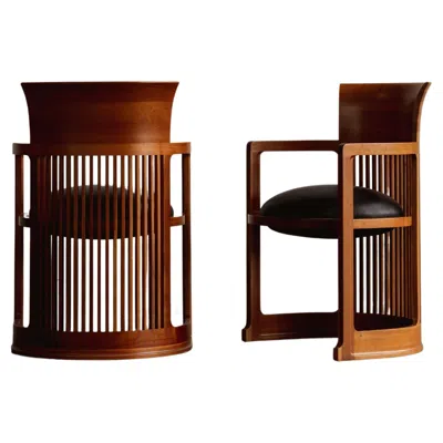 Pre-owned Frank Lloyd Wright "barrel" Chairs For Cassina, Black Leather, 1937, Set Of 2