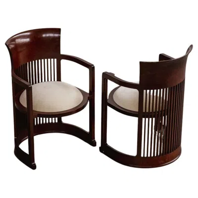 Pre-owned Frank Lloyd Wright "barrel" Chairs For Cassina, Butter Velvet, 1937, Set Of 2 In Brown