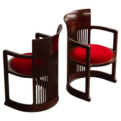 Pre-owned Frank Lloyd Wright "barrel" Chairs For Cassina, Red Velvet, 1937, Set Of 2