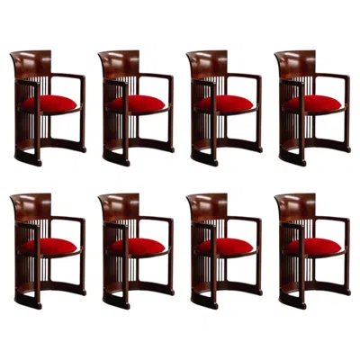 Pre-owned Frank Lloyd Wright "barrel" Chairs For Cassina, Red Velvet, 1937, Set Of 8