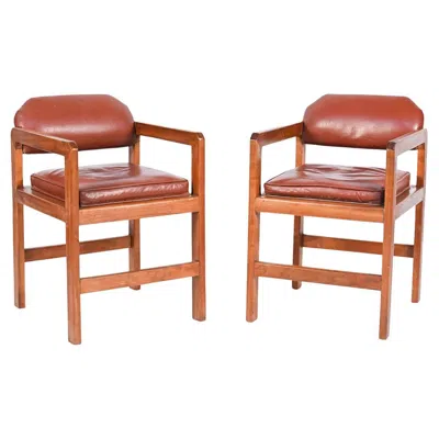 Pre-owned Frank Lloyd Wright Cherry Wood Library Armchairs In The Style Of  - A Pair In Brown