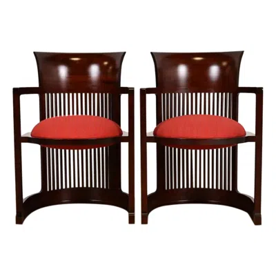 Pre-owned Frank Lloyd Wright For Cassina Arts & Crafts Barrel Chairs, Pair In Brown