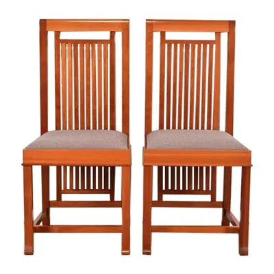 Pre-owned Frank Lloyd Wright For Cassina Arts & Crafts Cherry Wood Dining Chairs, Pair In Brown