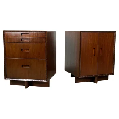 Pre-owned Frank Lloyd Wright Pair Of Nightstands / Small Cabinets By  For Henredon In Brown