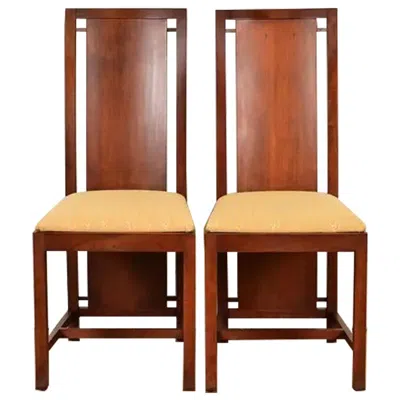 Pre-owned Frank Lloyd Wright Sculpted Mahogany Side Chairs Or Dining Chairs, Pair In Brown