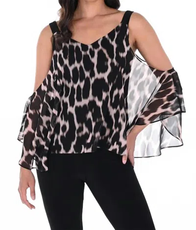 Frank Lyman Animal Print Cold Shoulder Top In Black/blush