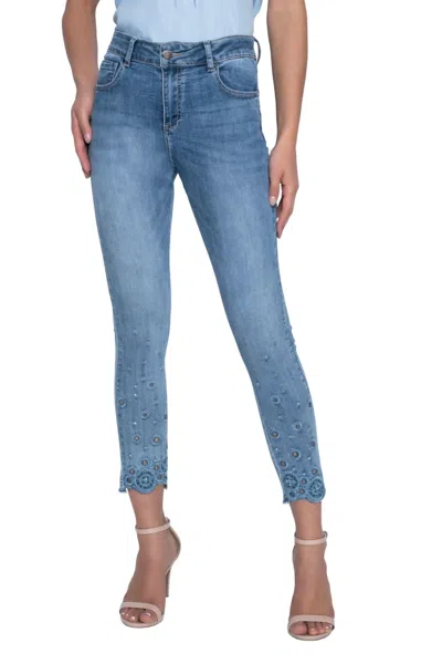 Frank Lyman Appliqué And Rhinestones Cropped Leg Jeans In Mid Wash In Blue