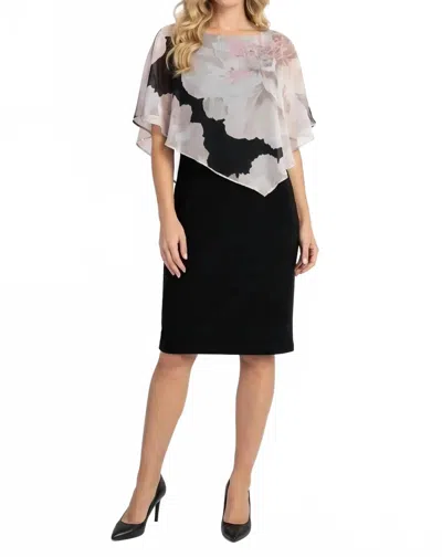 Frank Lyman Asymmetric Floral Chiffon Overlay Dress In Black/beige In Multi