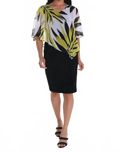 Frank Lyman Asymmetric Leaf Chiffon Overlay Dress In Chartreuse/black In Multi