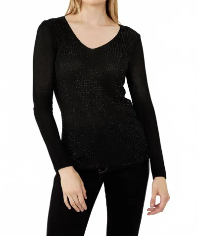 Frank Lyman Bejweled V-neck Knit Top In Black