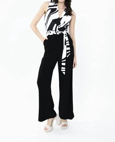 Frank Lyman Belted Wrap V Neck Jumpsuit In Black/off White In Multi