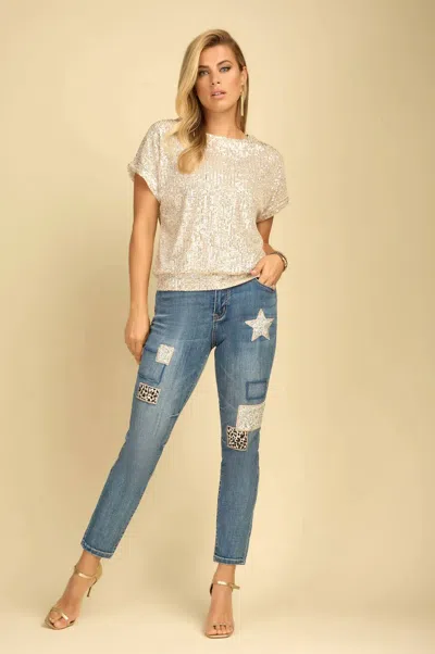 Frank Lyman Bentlee Sparkle Sequin Short Sleeve Top In Beige And Silver In Neutral