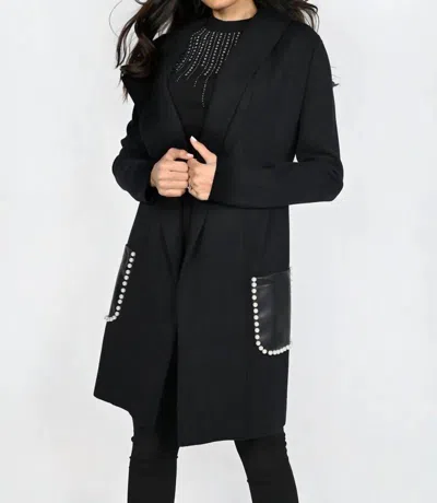 Frank Lyman Bess Faux Leather Pockets Hoodie In Black