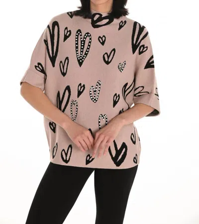 Frank Lyman Brisa Mock Neck Heart And Rhinestone Embellished Pullover Sweater In Beige And Black In Pink