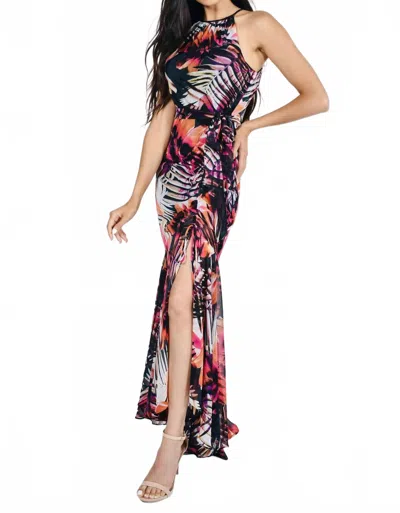 Frank Lyman Bryndsay Long Halter Dress In Black/fuchsia In Multi