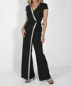 Frank Lyman Cross Front Rhinestone Jumpsuit In Black In Black
