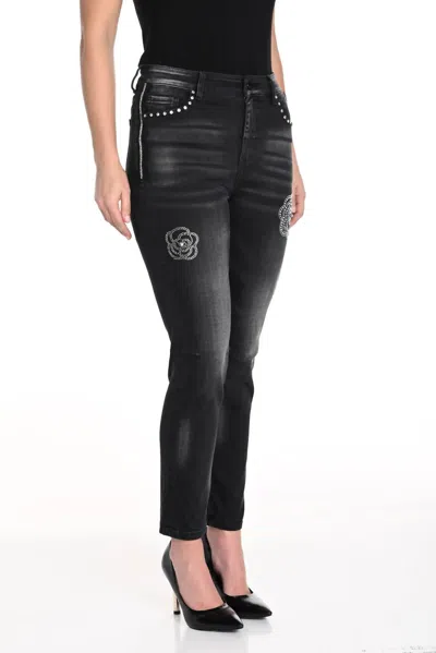 Frank Lyman Diamante Woven Denim Pant In Charcoal In Black