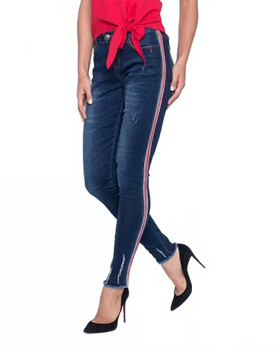 Frank Lyman Distressed Denim Jeans With Side Stripe In Dark Wash In Blue