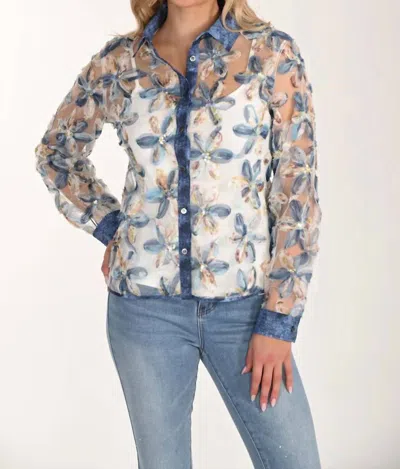 Frank Lyman Eden Embellished Raised Floral Lace Blouse In Blue Multi