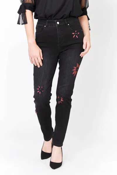 Frank Lyman Embroidered Flower Jeans In Black/magenta