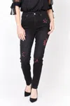 Frank Lyman Embroidered Flower Jeans In Black/magenta In Multi