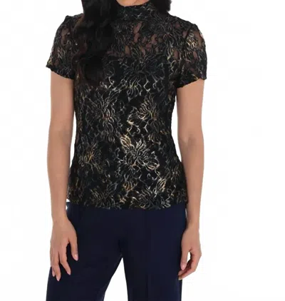 Frank Lyman Emmeline Embellished Floral Lace Short Sleeve Top In Navy And Gold In Black