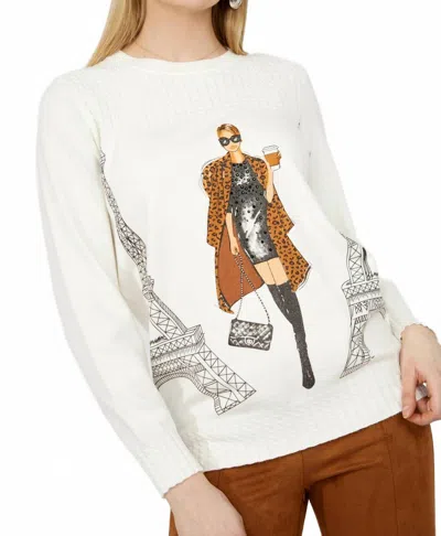 Frank Lyman Fashionable Lady In Paris Graphic Pullover Sweater In Off White