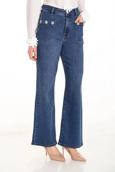 Frank Lyman Fawn Fit And Flare Jean With Jewel Embellishments In Blue Denim
