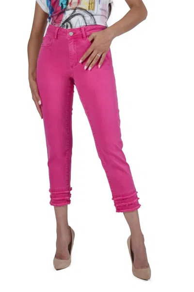 Frank Lyman Fiona Woven Denim Pant With Fringe Detail In Fuchsia In Pink