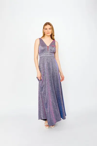 Frank Lyman Floor Length A-line Dress In Silver/blue In Multi