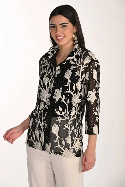 Frank Lyman Floral Collar Top In Black/almond