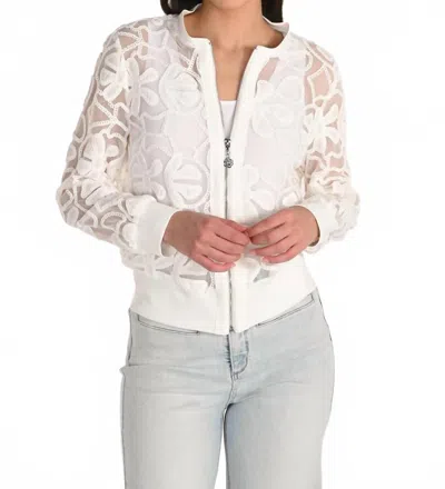 Frank Lyman Floral Collared Zipper Jacket In White
