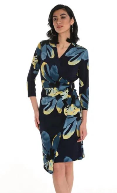 Frank Lyman Floral Print Faux Wrap Dress With Buckle In Navy/multi In Black