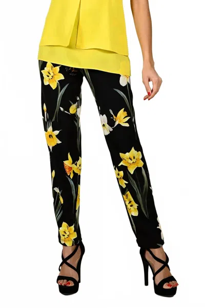 Frank Lyman Floral Slim Pants In Black And Yellow In Multi